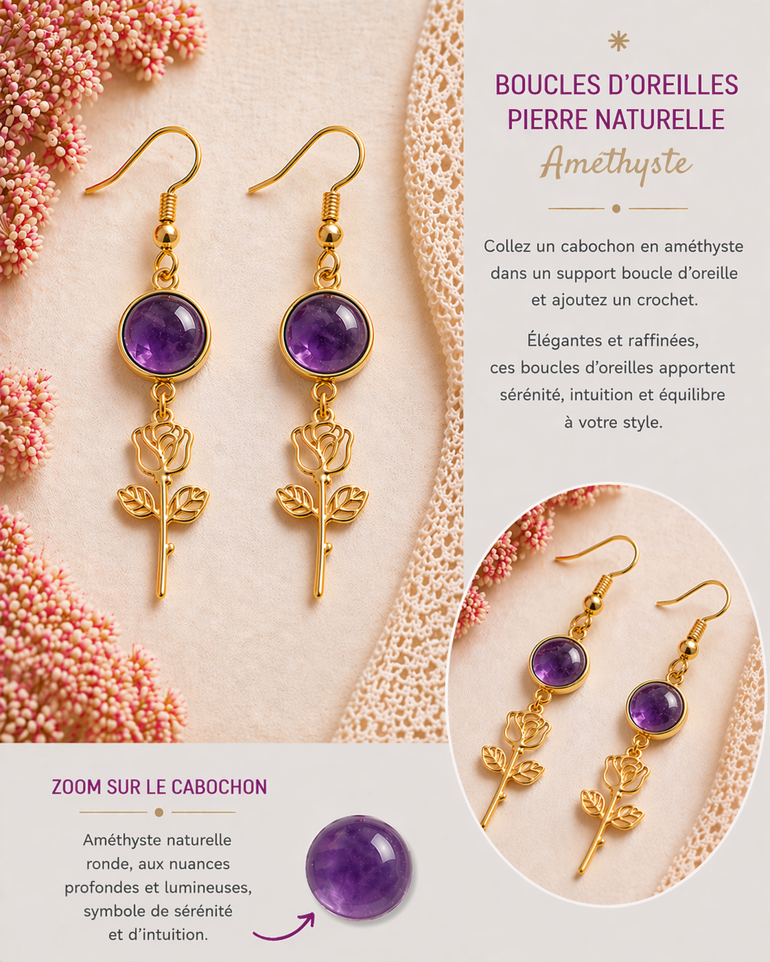 Boucles d’oreilles améthyste pierre naturelle